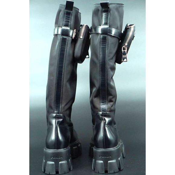Prada Monolith Nylon Zip Bag Lug Combat Boot SZ 38 Logo Pocket Riding Platform - Picture 11 of 12